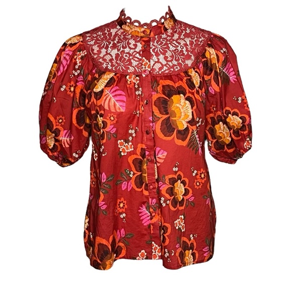 Farm Rio Red Size Small Blouse Short Puff Sleeves Floral Top Lace Trim - Picture 7 of 7